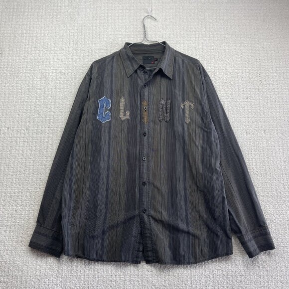 Y2K Clint Long Sleeve Button Up Shirt Grey Striped Trapstar Style Hip-Hop Men L - Picture 1 of 15